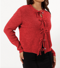 Load image into Gallery viewer, Pre-Order Red Ribbed Knit Bow Front Buttoned Cardigan