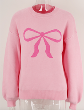 Load image into Gallery viewer, Pre-Order Pink Bow Graphic Drop Shoulder Round Neck Sweater