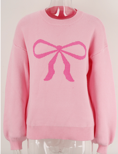 Pre-Order Pink Bow Graphic Drop Shoulder Round Neck Sweater