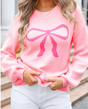 Load image into Gallery viewer, Pre-Order Pink Bow Graphic Drop Shoulder Round Neck Sweater