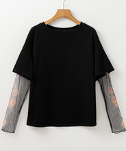 Load image into Gallery viewer, Black Faux Two Piece Floral Long Sleeve Patchwork Tee