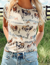 Load image into Gallery viewer, Beige Western Fashion Mustang River Printed Mesh T Shirt