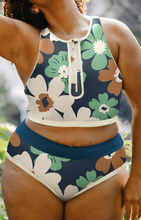 Load image into Gallery viewer, Pre-Order Green Floral Printed Zipped Plus Size Two Pieces Bikini