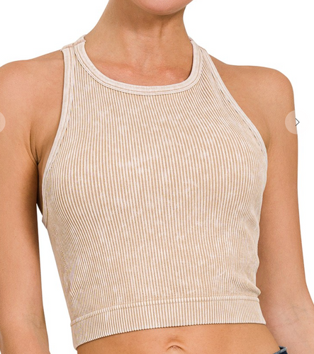 Ash Mocha  Stone Washed Ribbed Seamless Bra Tops w/Pads