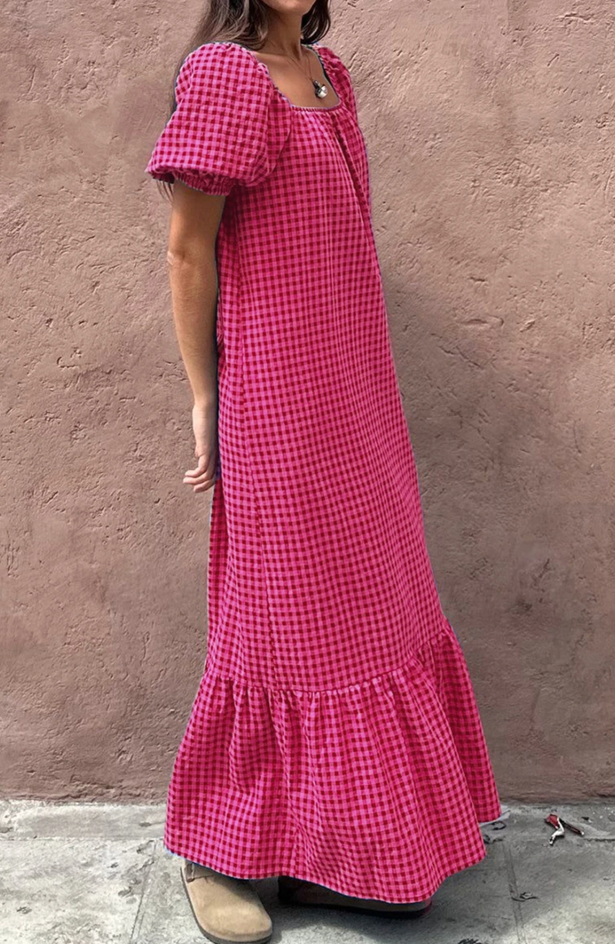 Pre-Order Rose Plaid Square Neck Puff Sleeve Maxi Dress