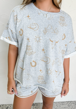 Load image into Gallery viewer, Pre-Order Gray Western Fashion Printed T Shirt Elastic Waist Shorts Set