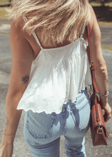 Load image into Gallery viewer, Pre-Order White Lace Splicing Spaghetti Straps Ruffle Flared Tank Top