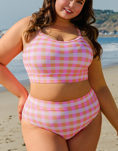 Pre-Order Pink Plus Size Plaid Print High Waist Bikini Set