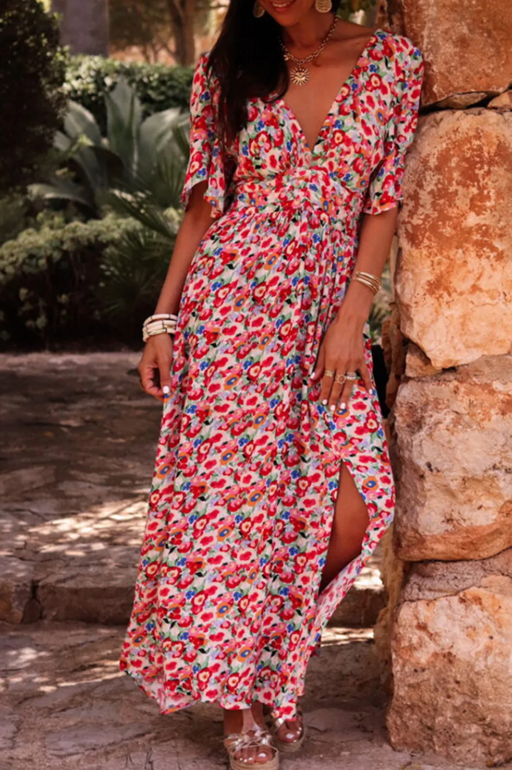 strapless open back dress Pre-Order Red Floral Half Sleeve Deep V Neck Cutout Back Split Maxi Dr –  Worn & Refined