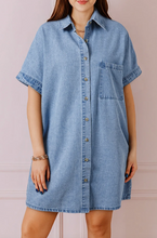 Load image into Gallery viewer, Pre-Order Dusk Blue Short Sleeve Pocketed Button up Denim Tunic Dress