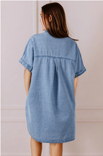 Load image into Gallery viewer, Pre-Order Dusk Blue Short Sleeve Pocketed Button up Denim Tunic Dress