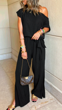 Load image into Gallery viewer, Pre-Order Black Checkered Mesh One Shoulder Short Sleeve Knotted Waist Jumpsuit