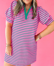 Load image into Gallery viewer, Pre-Order Rose Stripe Collared V Neck Puff Sleeve Shift T Shirt Dress with Pockets