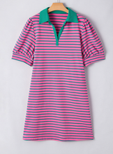 Load image into Gallery viewer, Pre-Order Rose Stripe Collared V Neck Puff Sleeve Shift T Shirt Dress with Pockets