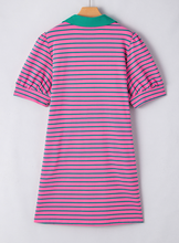 Load image into Gallery viewer, Pre-Order Rose Stripe Collared V Neck Puff Sleeve Shift T Shirt Dress with Pockets