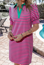 Load image into Gallery viewer, Pre-Order Rose Stripe Collared V Neck Puff Sleeve Shift T Shirt Dress with Pockets