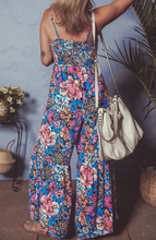 Load image into Gallery viewer, Pink Floral Smocked Bust Spaghetti Straps Wide Leg Jumpsuit