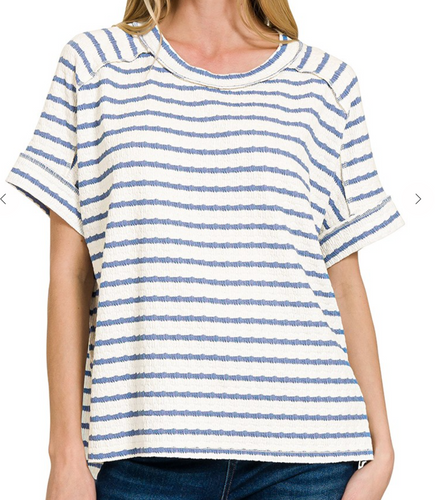 Blue Stripe Jacquard Round Neck Boxy Top