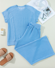 Load image into Gallery viewer, Pre-Order Solid Corded Knit Short Sleeve T Shirt and Wide Leg Pants Set