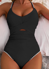 Load image into Gallery viewer, Pre-Order Black Ric Rac Trim Contrasted Patchwork Cutout One Piece Swimsuit