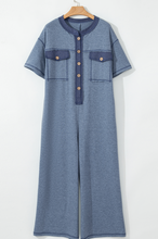 Load image into Gallery viewer, Pre-Order Beau Blue Half Placket Chest Pockets Short Sleeve Wide Leg Jumpsuit