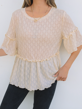 Load image into Gallery viewer, Beige Solid Color Textured Ruffled Short Sleeve Blouse