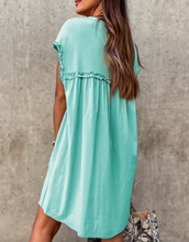 Load image into Gallery viewer, Pre-Order Mint Green Frilled Trim Crew Neck Loose Fit Mini Dress