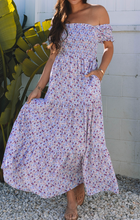 Load image into Gallery viewer, Pre-Order Purple Floral Short Bubble Sleeve Shirred High Waist Maxi Dress