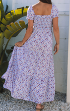 Load image into Gallery viewer, Pre-Order Purple Floral Short Bubble Sleeve Shirred High Waist Maxi Dress