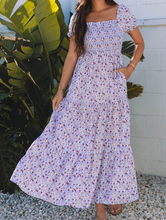 Load image into Gallery viewer, Pre-Order Purple Floral Short Bubble Sleeve Shirred High Waist Maxi Dress