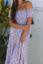 Load image into Gallery viewer, Pre-Order Purple Floral Short Bubble Sleeve Shirred High Waist Maxi Dress