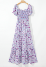 Load image into Gallery viewer, Pre-Order Purple Floral Short Bubble Sleeve Shirred High Waist Maxi Dress