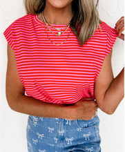 Load image into Gallery viewer, Red Stripe Ribbed Cap Sleeve Round Neck T Shirt