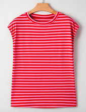 Load image into Gallery viewer, Red Stripe Ribbed Cap Sleeve Round Neck T Shirt