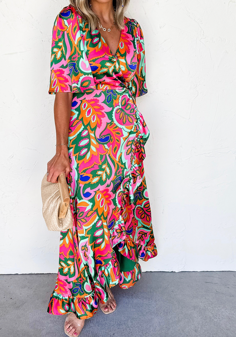 Rose Summer Plant Print Surpliced V Neck Ruffled Asymmetric Slit Wide – Worn & Refined