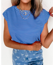 Load image into Gallery viewer, Blue Stripe Ribbed Cap Sleeve Round Neck T Shirt