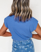 Load image into Gallery viewer, Blue Stripe Ribbed Cap Sleeve Round Neck T Shirt