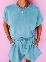 Load image into Gallery viewer, Pre-Order Mist Blue Mineral Wash Drawstring Waist Hollow Out Back Short Sleeve Romper