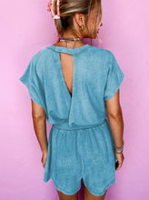 Load image into Gallery viewer, Pre-Order Mist Blue Mineral Wash Drawstring Waist Hollow Out Back Short Sleeve Romper