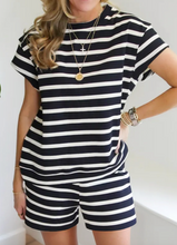 Load image into Gallery viewer, Pre-Order Black White Striped Short Sleeve Top and Shorts Set