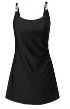 Load image into Gallery viewer, Pre-Order Black Grommet Shoulder Strap Pleated Swim Dress