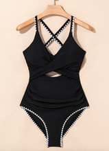 Load image into Gallery viewer, Pre-Order Black Ric Rac Trim Contrasted Patchwork Cutout One Piece Swimsuit