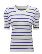 Load image into Gallery viewer, Pre-Order Blue Stripe Ribbed Trim Round Neck Bubble Sleeve Knitted Top