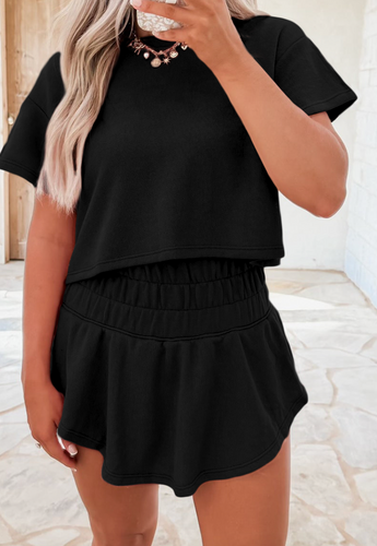 Pre-Order  Black Cropped Tee and Ruffle High Waist Skort Set