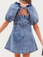 Load image into Gallery viewer, Pre-Order Blue Frilly Square Neck Bustier Puff Sleeve Short Denim Dress