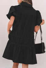 Load image into Gallery viewer, Pre-Order Black Shirt Style Button Down Puff Sleeve Ruffle Hem Dress