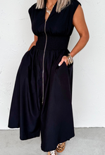 Load image into Gallery viewer, Pre-Order Black Sleeveless Zipped Front V Neck Shirred Waist Maxi Dress