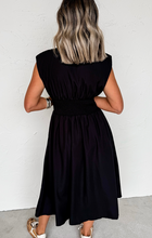 Load image into Gallery viewer, Pre-Order Black Sleeveless Zipped Front V Neck Shirred Waist Maxi Dress