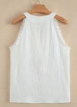 Load image into Gallery viewer, Pre-Order White Textured Lace Trim Pure Cotton Sleeveless Top