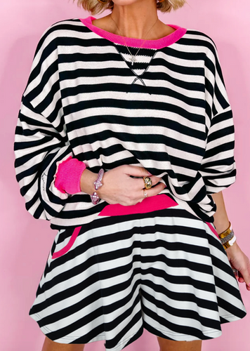 Pre-Order Black Stripe Contrast Ribbed Banding Long Sleeve Blouse Loose Shorts Set